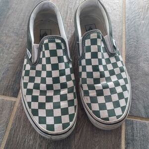 Vans Womens Green and White Checkered Slip-On Sneakers